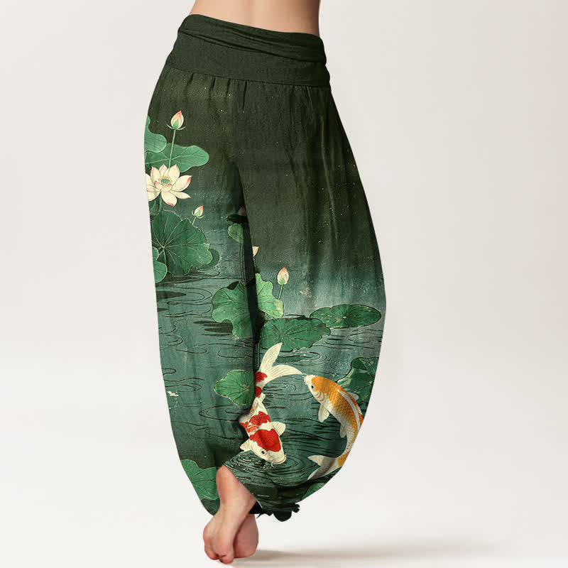Buddha Stones Cotton Blooming Lotus Koi Pattern Women's Elastic Waist Harem Pants - image 7