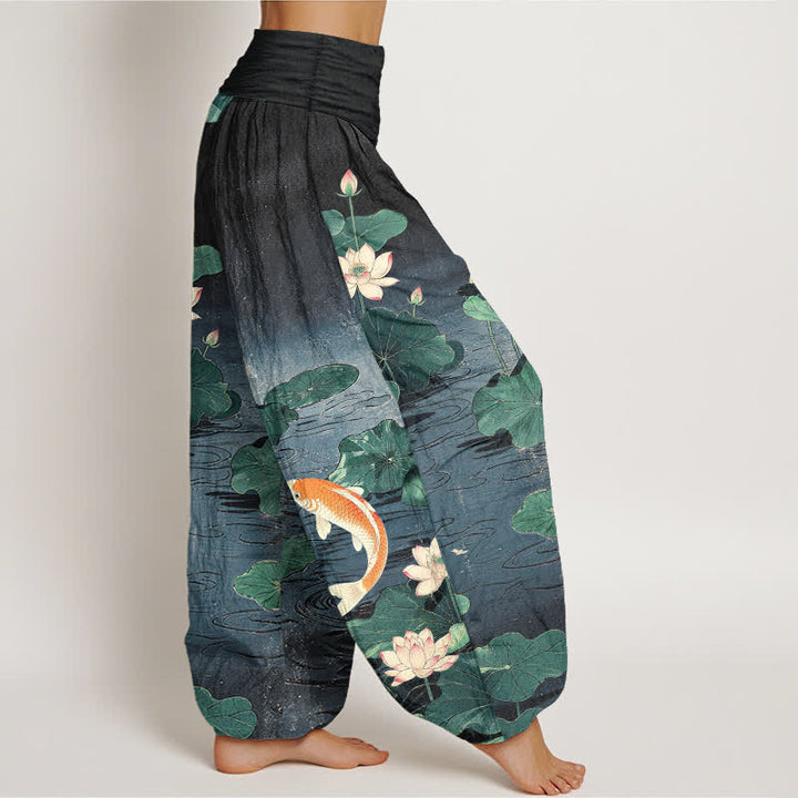 Buddha Stones Cotton Blooming Lotus Koi Pattern Women's Elastic Waist Harem Pants - image 9