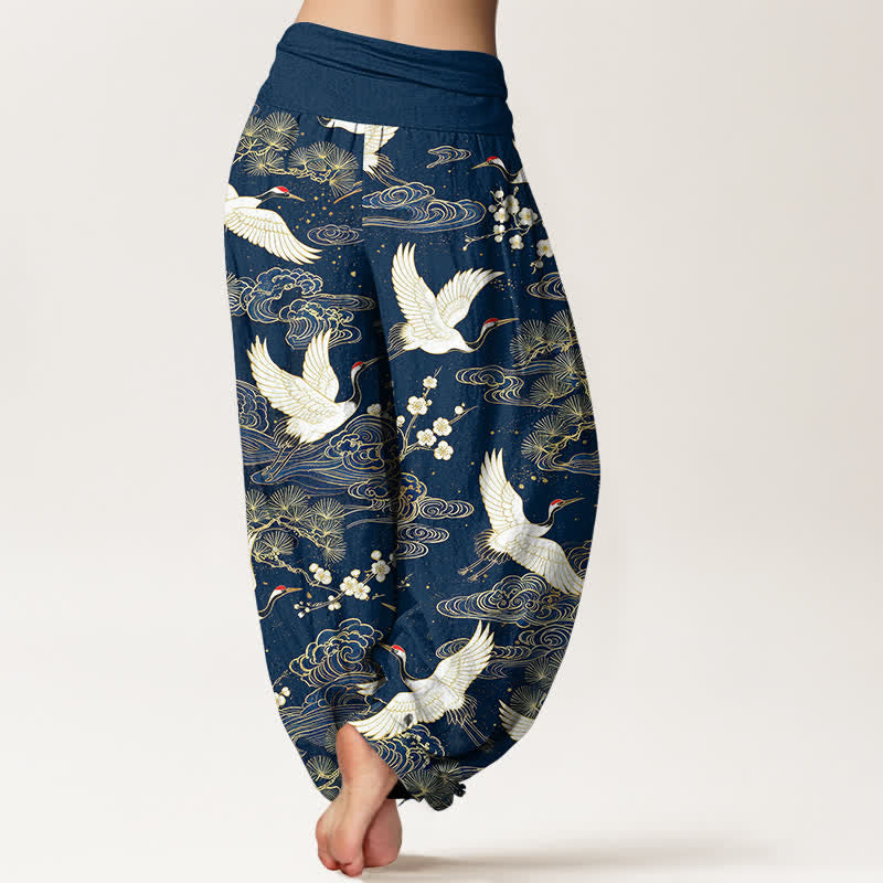 Buddha Stones Cotton Oriental Crane Floral Pattern Women's Elastic Waist Harem Pants - image 2