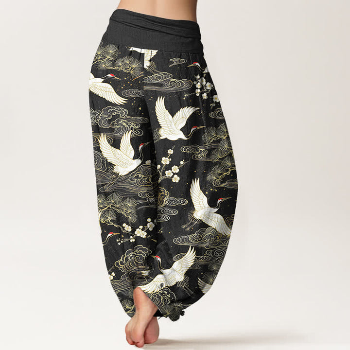 Buddha Stones Cotton Oriental Crane Floral Pattern Women's Elastic Waist Harem Pants - image 10