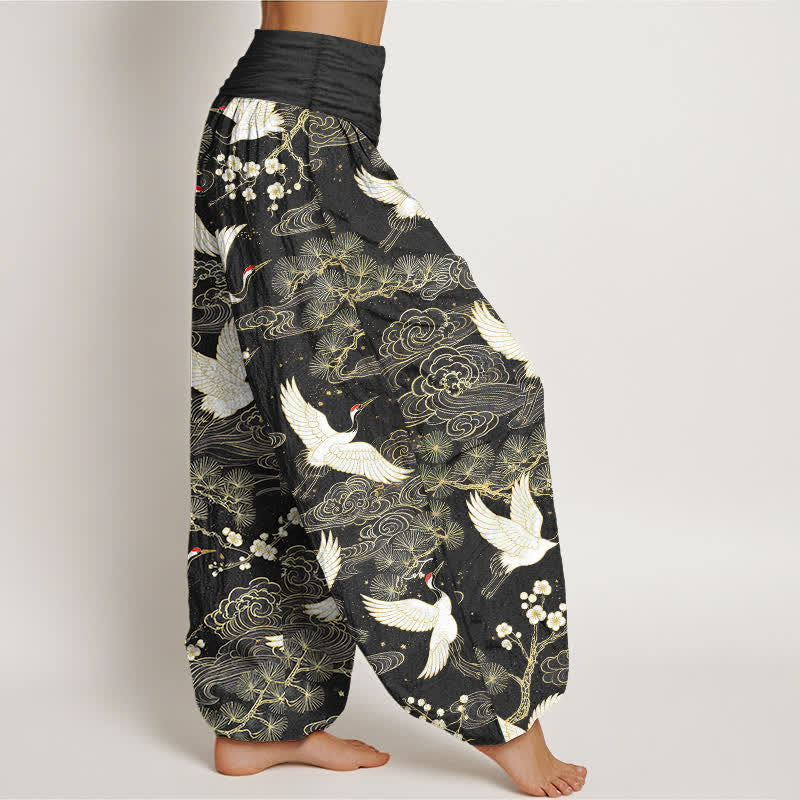 Buddha Stones Cotton Oriental Crane Floral Pattern Women's Elastic Waist Harem Pants - image 9