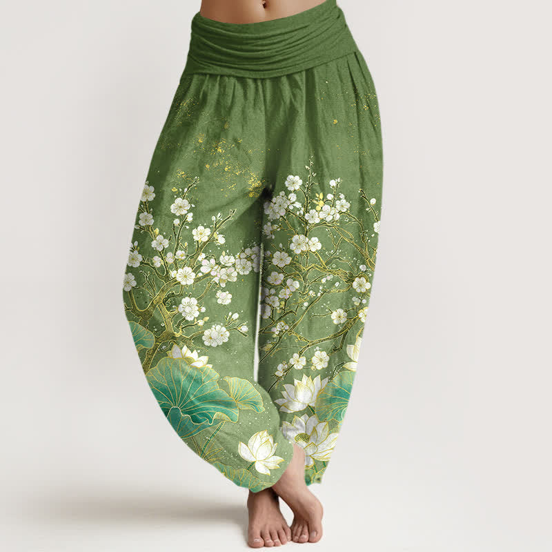 Buddha Stones Cotton Botanical Lotus Flower Pattern Women's Elastic Waist Harem Pants - OliveDrab - US16，UK/AU20，EU48 (3XL) - image 0