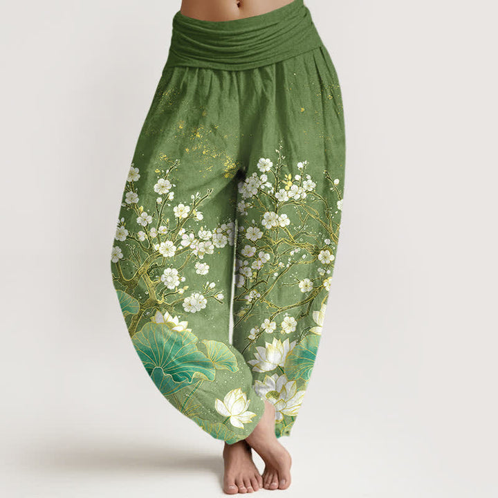 Buddha Stones Cotton Botanical Lotus Flower Pattern Women's Elastic Waist Harem Pants - OliveDrab - US16，UK/AU20，EU48 (3XL) - image 0