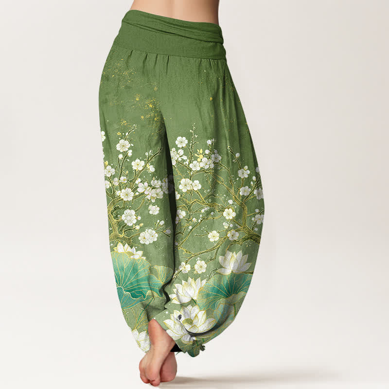 Buddha Stones Cotton Botanical Lotus Flower Pattern Women's Elastic Waist Harem Pants - image 2