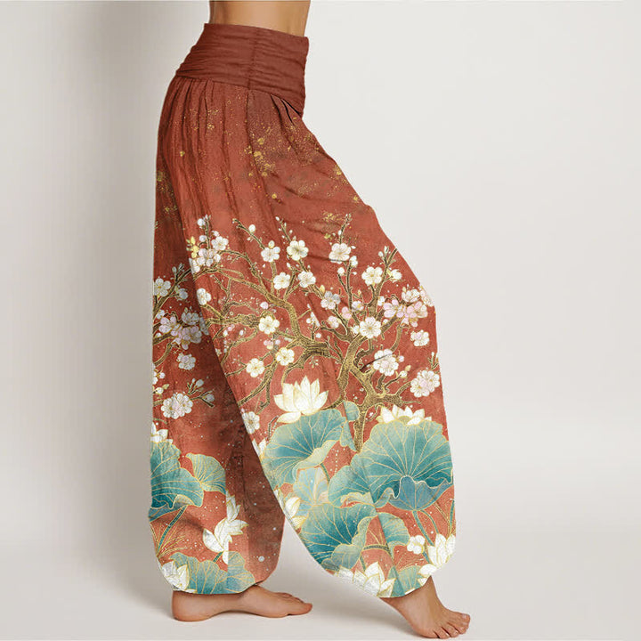 Buddha Stones Cotton Botanical Lotus Flower Pattern Women's Elastic Waist Harem Pants - image 9