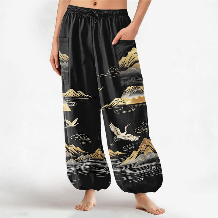 Buddha Stones Cotton Serene Landscape Crane Pattern Women's Elastic Waist Harem Pants With Side Pockets - Black - US16，UK/AU20，EU48 (3XL) - image 0