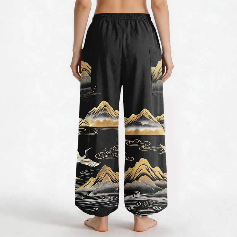 Buddha Stones Cotton Serene Landscape Crane Pattern Women's Elastic Waist Harem Pants With Side Pockets - image 2