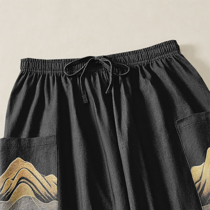 Buddha Stones Cotton Serene Landscape Crane Pattern Women's Elastic Waist Harem Pants With Side Pockets - image 5