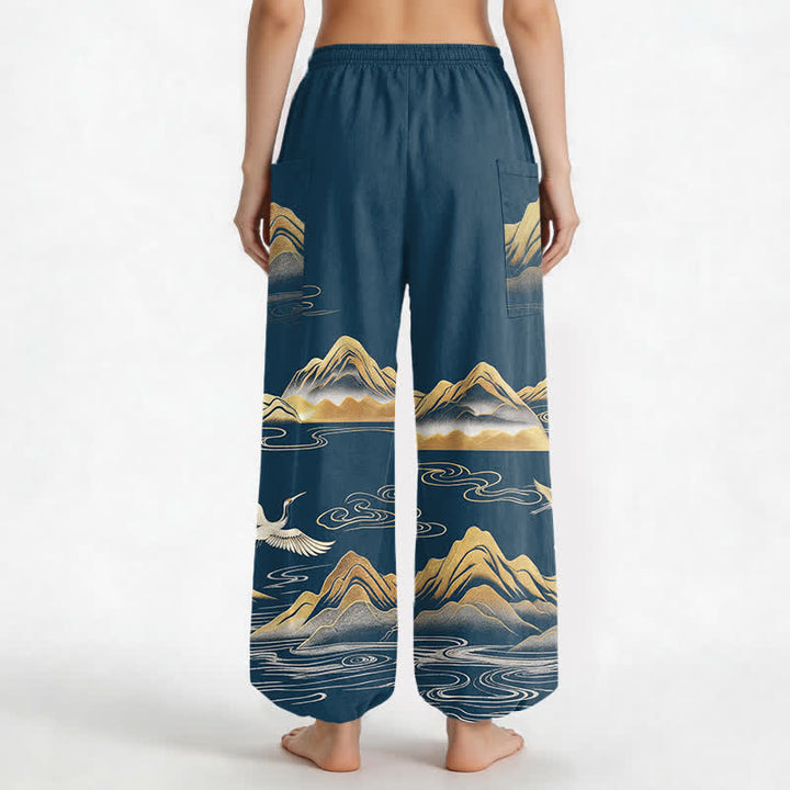 Buddha Stones Cotton Serene Landscape Crane Pattern Women's Elastic Waist Harem Pants With Side Pockets - image 9