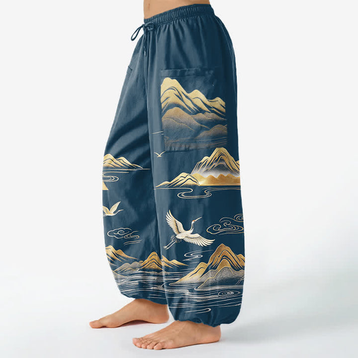 Buddha Stones Cotton Serene Landscape Crane Pattern Women's Elastic Waist Harem Pants With Side Pockets - image 8
