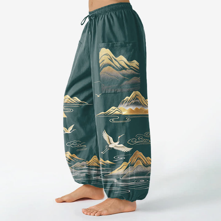 Buddha Stones Cotton Serene Landscape Crane Pattern Women's Elastic Waist Harem Pants With Side Pockets - image 11