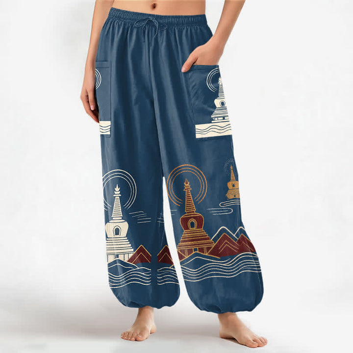 Buddha Stones Cotton Vintage Pagoda Scenic Pattern Women's Elastic Waist Harem Pants With Side Pockets - SteelBlue - US16，UK/AU20，EU48 (3XL) - image 0