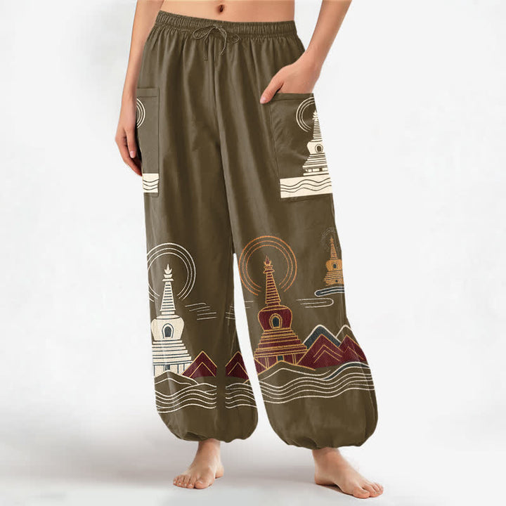 Buddha Stones Cotton Vintage Pagoda Scenic Pattern Women's Elastic Waist Harem Pants With Side Pockets - Olive - US16，UK/AU20，EU48 (3XL) - image 10