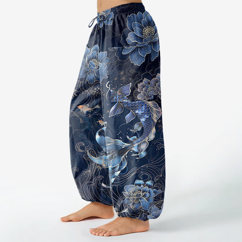 Buddha Stones Cotton Artistic Koi Peony Pattern Women's Elastic Waist Harem Pants With Side Pockets - image 1