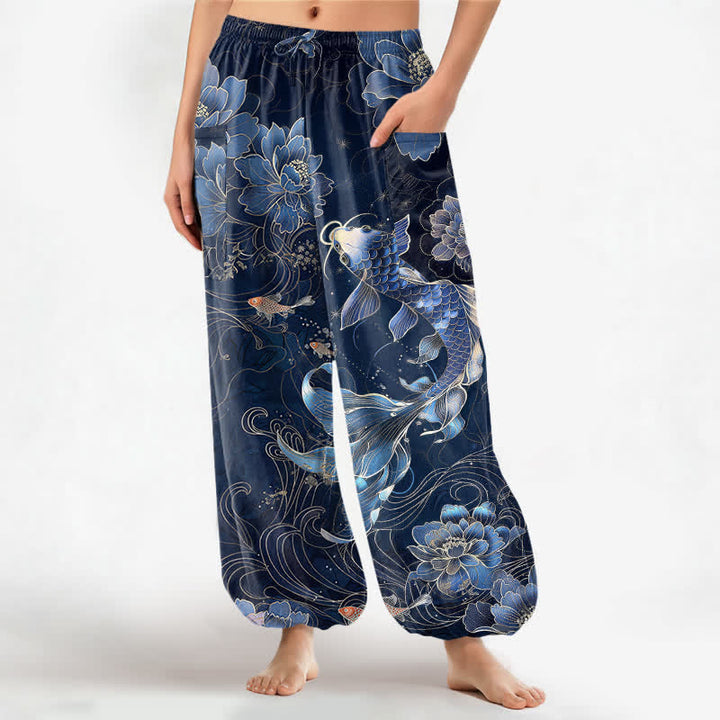 Buddha Stones Cotton Artistic Koi Peony Pattern Women's Elastic Waist Harem Pants With Side Pockets - Navy - US16，UK/AU20，EU48 (3XL) - image 0