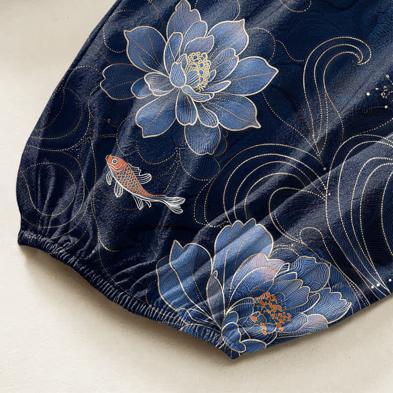 Buddha Stones Cotton Artistic Koi Peony Pattern Women's Elastic Waist Harem Pants With Side Pockets - image 6