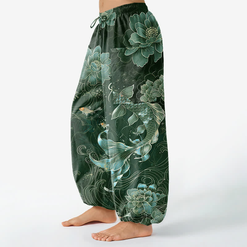 Buddha Stones Cotton Artistic Koi Peony Pattern Women's Elastic Waist Harem Pants With Side Pockets - image 8