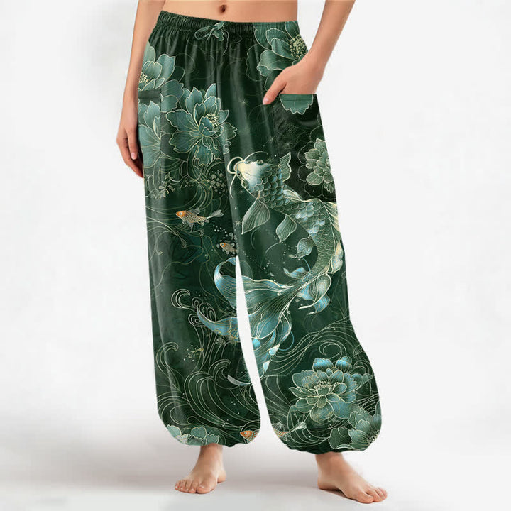 Buddha Stones Cotton Artistic Koi Peony Pattern Women's Elastic Waist Harem Pants With Side Pockets - ForestGreen - US16，UK/AU20，EU48 (3XL) - image 7