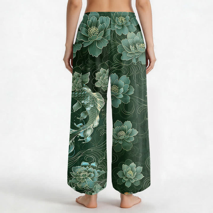 Buddha Stones Cotton Artistic Koi Peony Pattern Women's Elastic Waist Harem Pants With Side Pockets - image 9