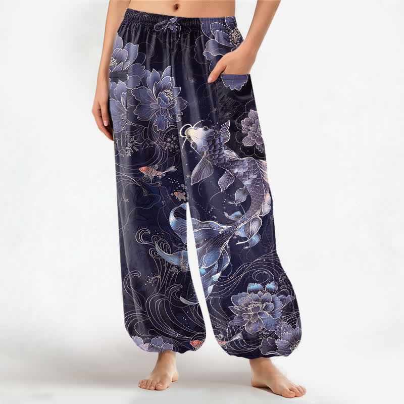 Buddha Stones Cotton Artistic Koi Peony Pattern Women's Elastic Waist Harem Pants With Side Pockets - Indigo - US16，UK/AU20，EU48 (3XL) - image 10