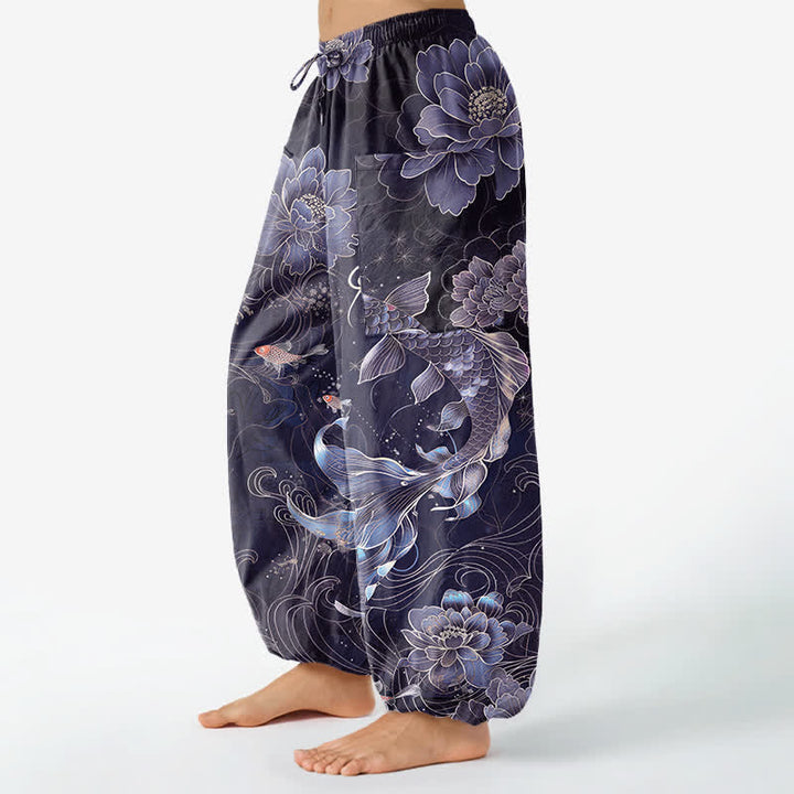 Buddha Stones Cotton Artistic Koi Peony Pattern Women's Elastic Waist Harem Pants With Side Pockets - image 11