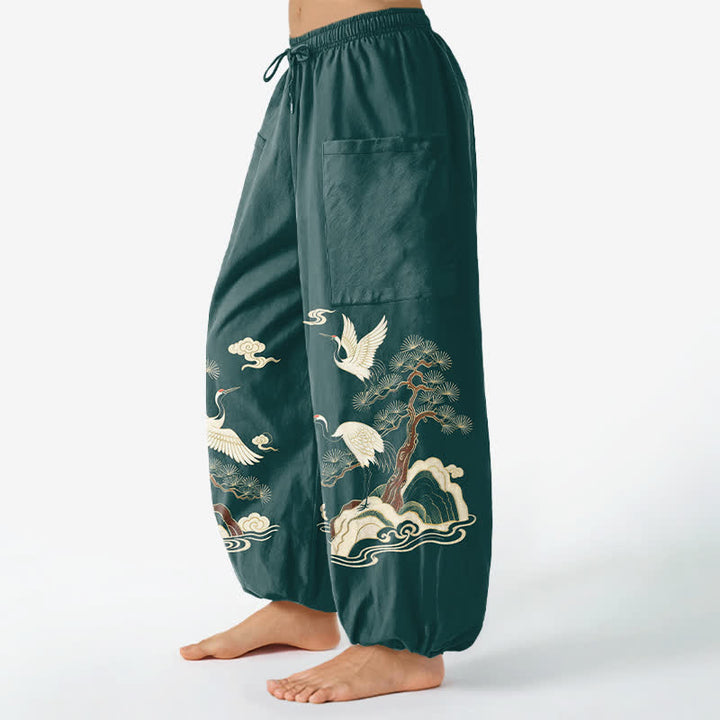 Buddha Stones Cotton Oriental Crane Pine Pattern Women's Elastic Waist Harem Pants With Side Pockets - image 1