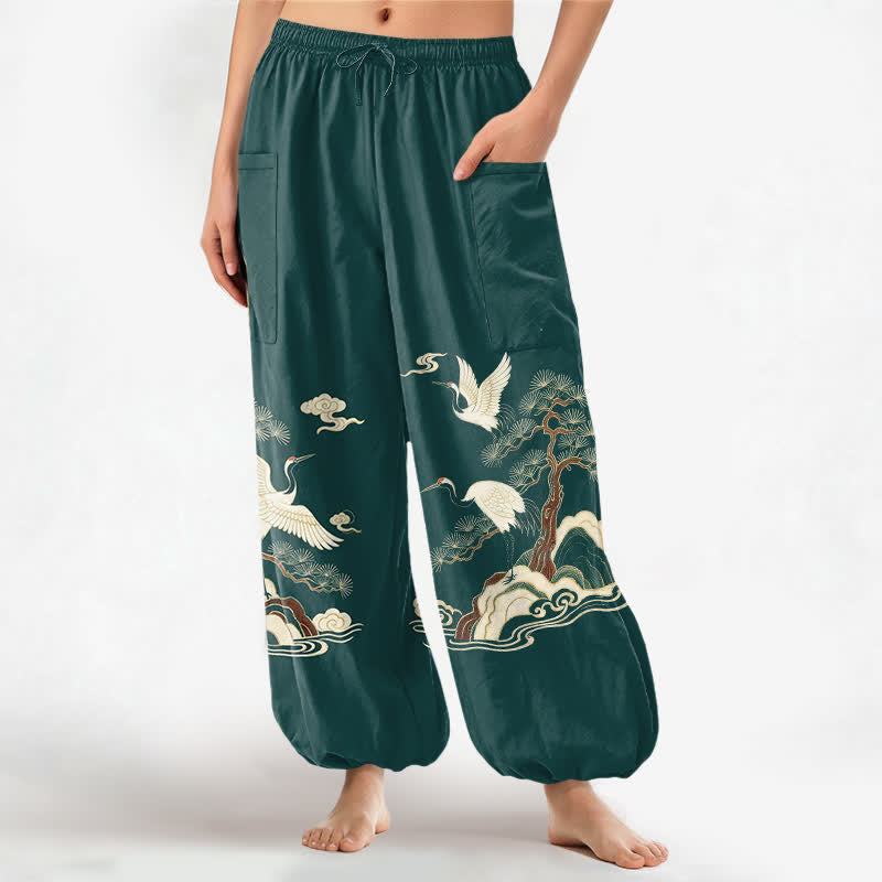 Buddha Stones Cotton Oriental Crane Pine Pattern Women's Elastic Waist Harem Pants With Side Pockets - Teal - US16，UK/AU20，EU48 (3XL) - image 0