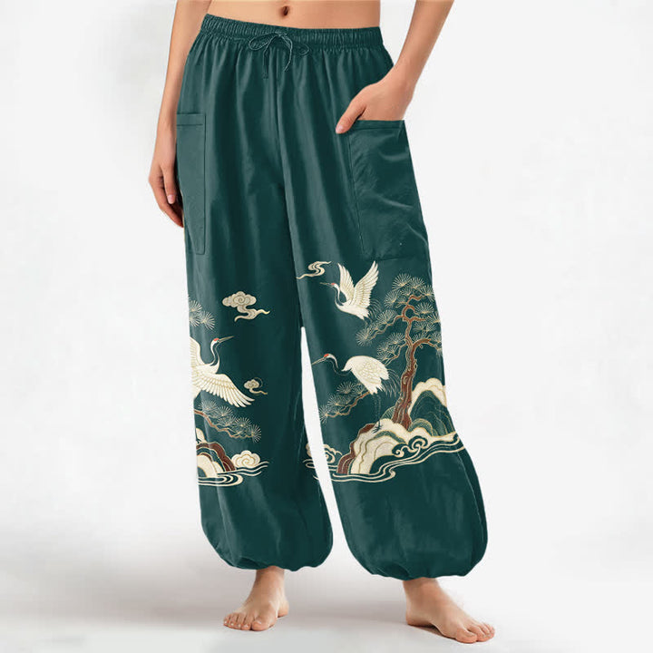 Buddha Stones Cotton Oriental Crane Pine Pattern Women's Elastic Waist Harem Pants With Side Pockets - Teal - US16，UK/AU20，EU48 (3XL) - image 0