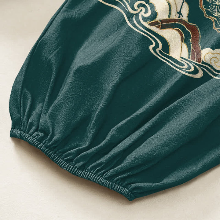 Buddha Stones Cotton Oriental Crane Pine Pattern Women's Elastic Waist Harem Pants With Side Pockets - image 6