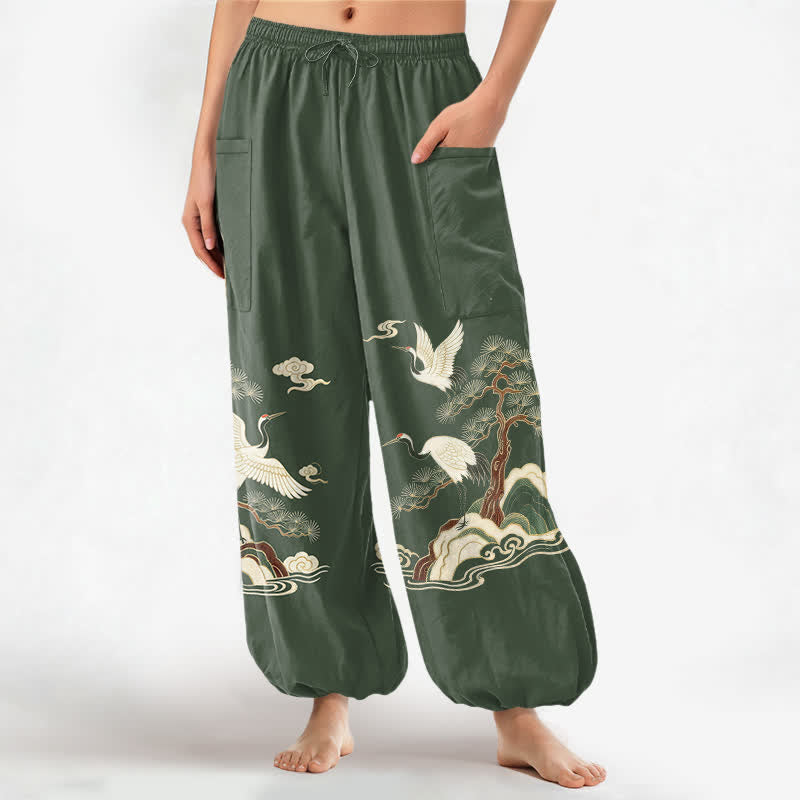 Buddha Stones Cotton Oriental Crane Pine Pattern Women's Elastic Waist Harem Pants With Side Pockets - DarkOliveGreen - US16，UK/AU20，EU48 (3XL) - image 7