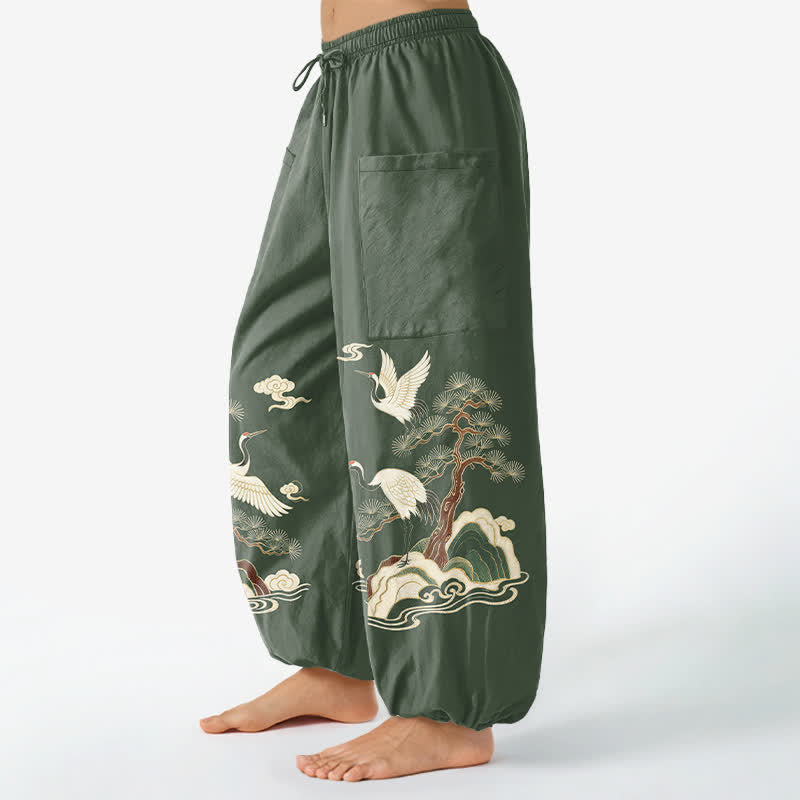Buddha Stones Cotton Oriental Crane Pine Pattern Women's Elastic Waist Harem Pants With Side Pockets - image 8