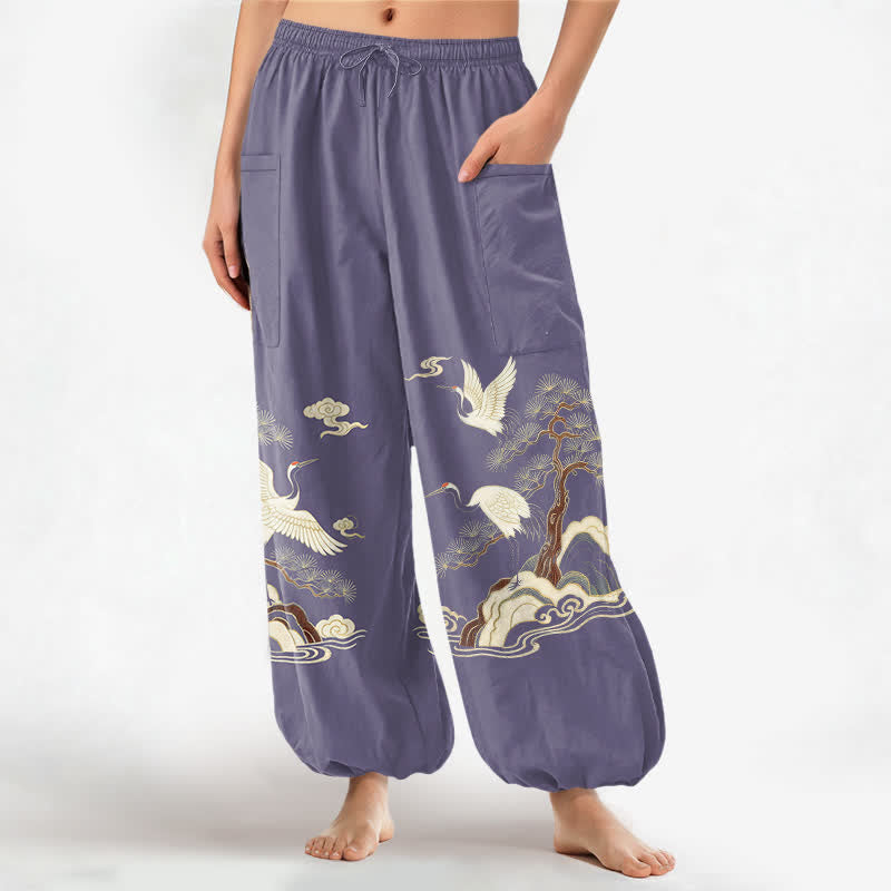 Buddha Stones Cotton Oriental Crane Pine Pattern Women's Elastic Waist Harem Pants With Side Pockets - MediumPurple - US16，UK/AU20，EU48 (3XL) - image 10