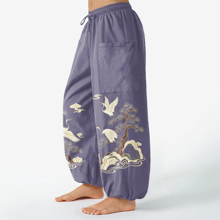 Buddha Stones Cotton Oriental Crane Pine Pattern Women's Elastic Waist Harem Pants With Side Pockets - image 11