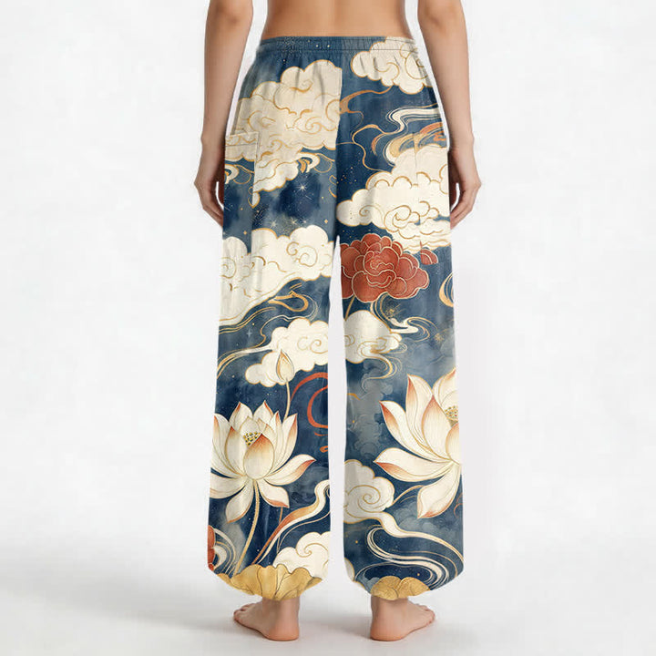 Buddha Stones Cotton Oriental Lotus Cloud Pattern Women's Elastic Waist Harem Pants With Side Pockets - image 2