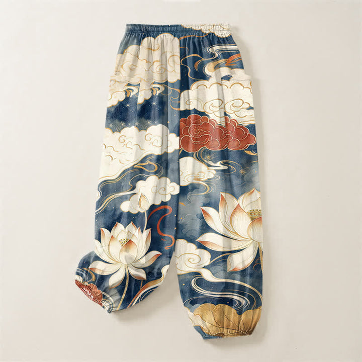 Buddha Stones Cotton Oriental Lotus Cloud Pattern Women's Elastic Waist Harem Pants With Side Pockets - image 4