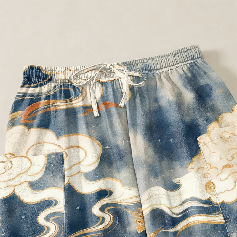 Buddha Stones Cotton Oriental Lotus Cloud Pattern Women's Elastic Waist Harem Pants With Side Pockets - image 5