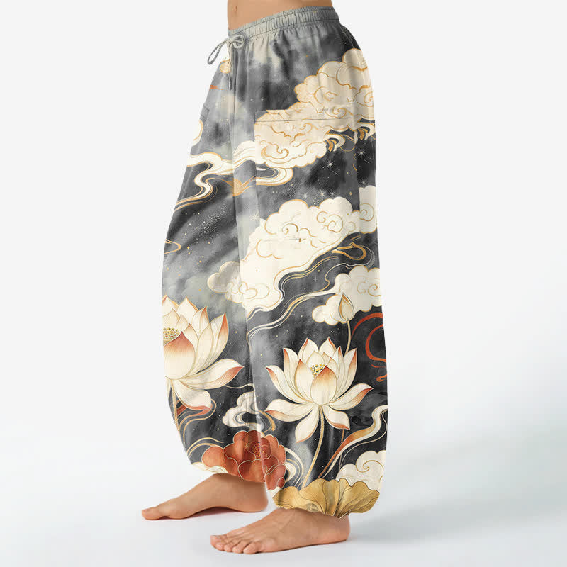 Buddha Stones Cotton Oriental Lotus Cloud Pattern Women's Elastic Waist Harem Pants With Side Pockets - image 8