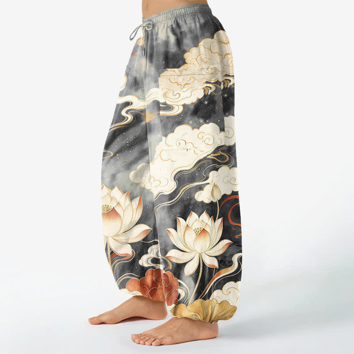 Buddha Stones Cotton Oriental Lotus Cloud Pattern Women's Elastic Waist Harem Pants With Side Pockets - image 8