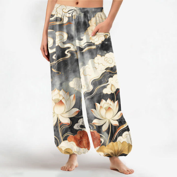 Buddha Stones Cotton Oriental Lotus Cloud Pattern Women's Elastic Waist Harem Pants With Side Pockets - DimGray - US16，UK/AU20，EU48 (3XL) - image 7