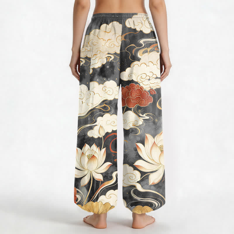 Buddha Stones Cotton Oriental Lotus Cloud Pattern Women's Elastic Waist Harem Pants With Side Pockets - image 9