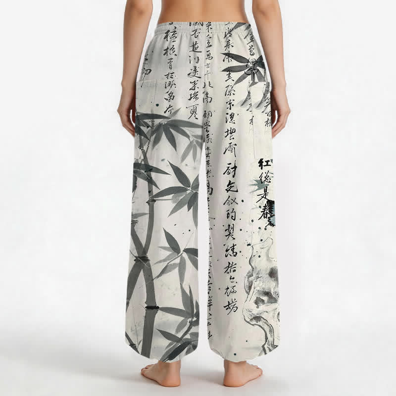 Buddha Stones Cotton Ink Bamboo Butterfly Pattern Women's Elastic Waist Harem Pants With Side Pockets - image 2