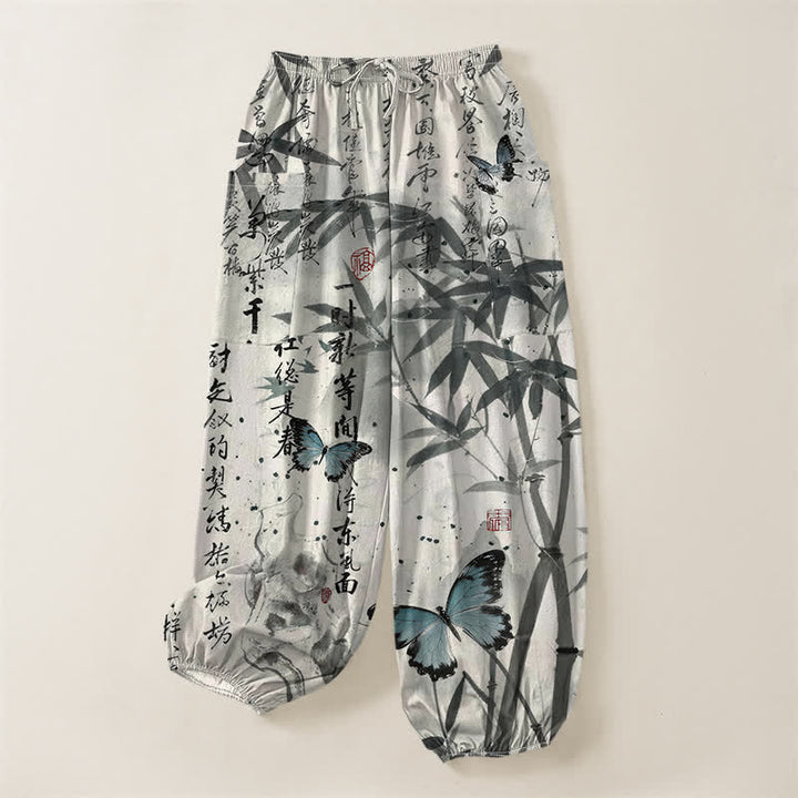 Buddha Stones Cotton Ink Bamboo Butterfly Pattern Women's Elastic Waist Harem Pants With Side Pockets - image 3