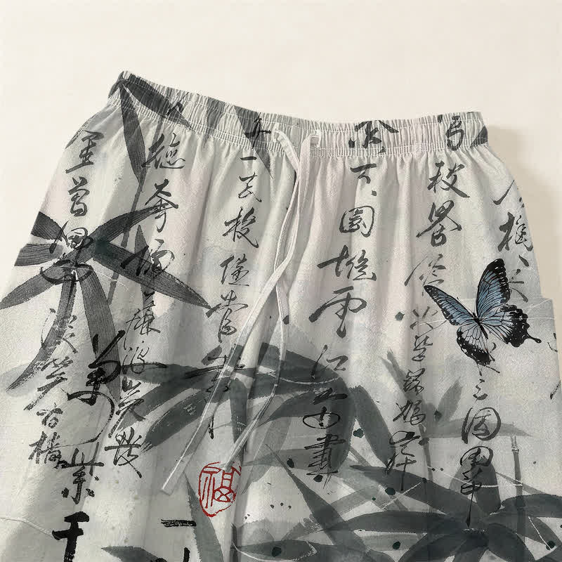 Buddha Stones Cotton Ink Bamboo Butterfly Pattern Women's Elastic Waist Harem Pants With Side Pockets - image 5