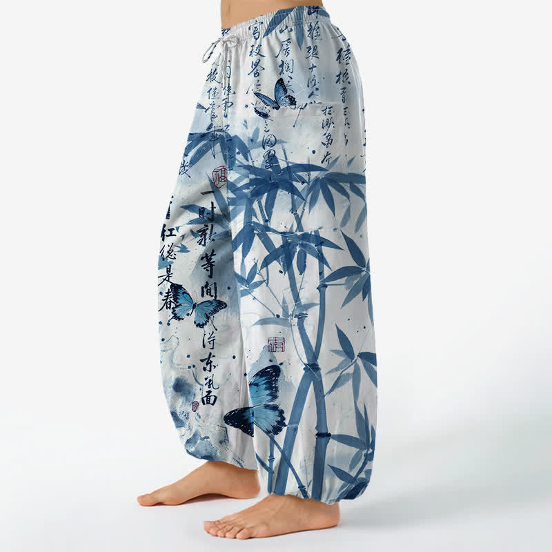 Buddha Stones Cotton Ink Bamboo Butterfly Pattern Women's Elastic Waist Harem Pants With Side Pockets - image 11