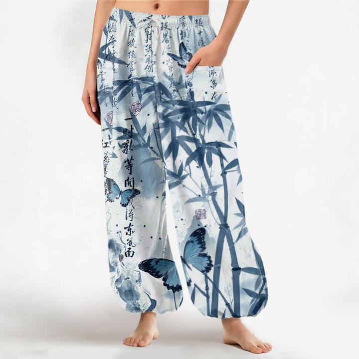 Buddha Stones Cotton Ink Bamboo Butterfly Pattern Women's Elastic Waist Harem Pants With Side Pockets - LightCyan - US16，UK/AU20，EU48 (3XL) - image 10