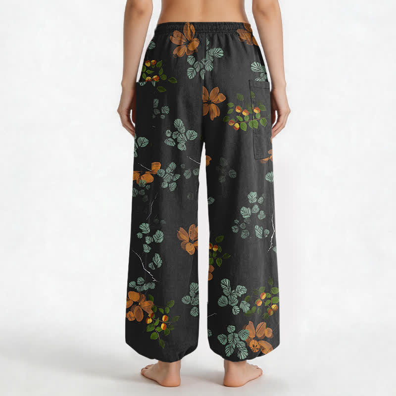 Buddha Stones Cotton Bohemian Botanical Floral Pattern Women's Elastic Waist Harem Pants With Side Pockets - image 2