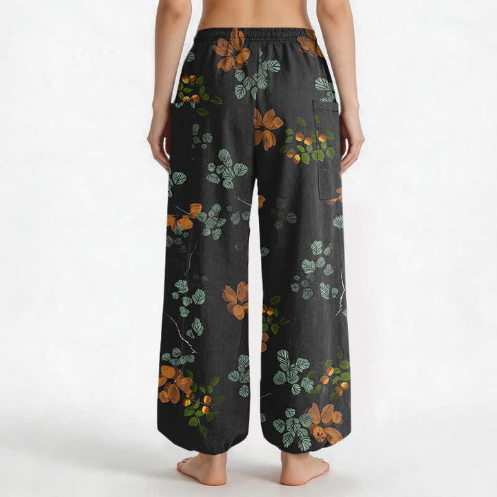 Buddha Stones Cotton Bohemian Botanical Floral Pattern Women's Elastic Waist Harem Pants With Side Pockets - image 2