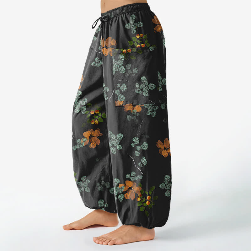 Buddha Stones Cotton Bohemian Botanical Floral Pattern Women's Elastic Waist Harem Pants With Side Pockets - image 1