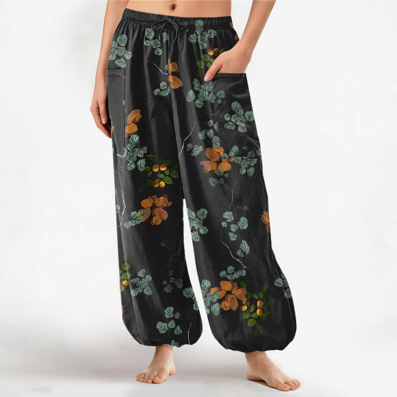 Buddha Stones Cotton Bohemian Botanical Floral Pattern Women's Elastic Waist Harem Pants With Side Pockets - Black - US16，UK/AU20，EU48 (3XL) - image 0