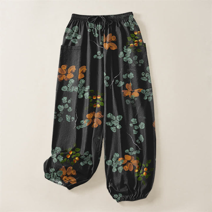 Buddha Stones Cotton Bohemian Botanical Floral Pattern Women's Elastic Waist Harem Pants With Side Pockets - image 3